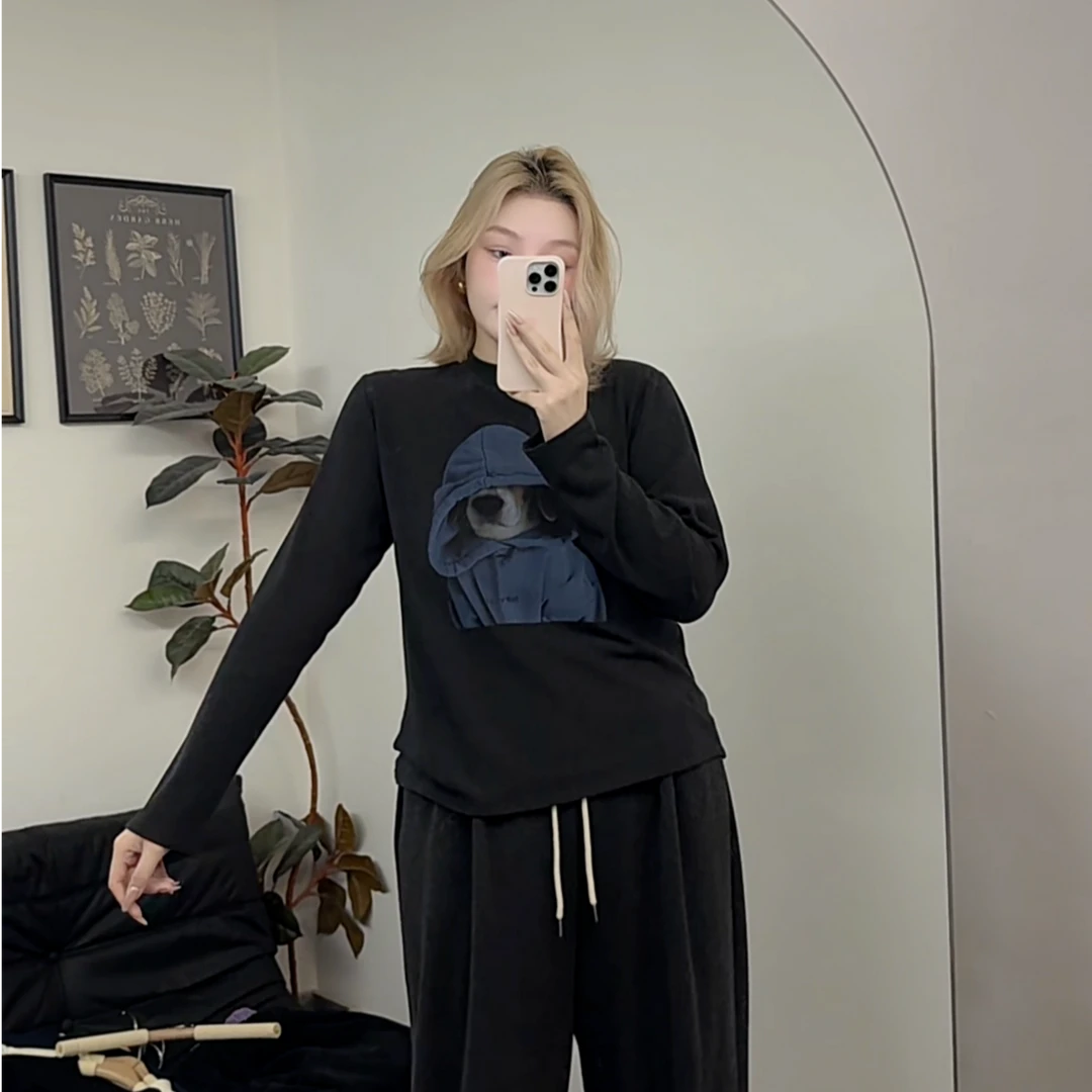 【瘦瘦】冷帽小狗-秋冬四色圆领套头小狗印花长袖加绒打底S01052