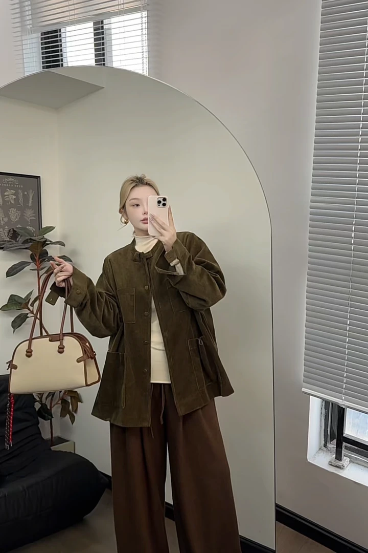 【瘦瘦】拂提垂柳-秋冬圆领灯芯绒领口织带宽松百搭外套女S01032