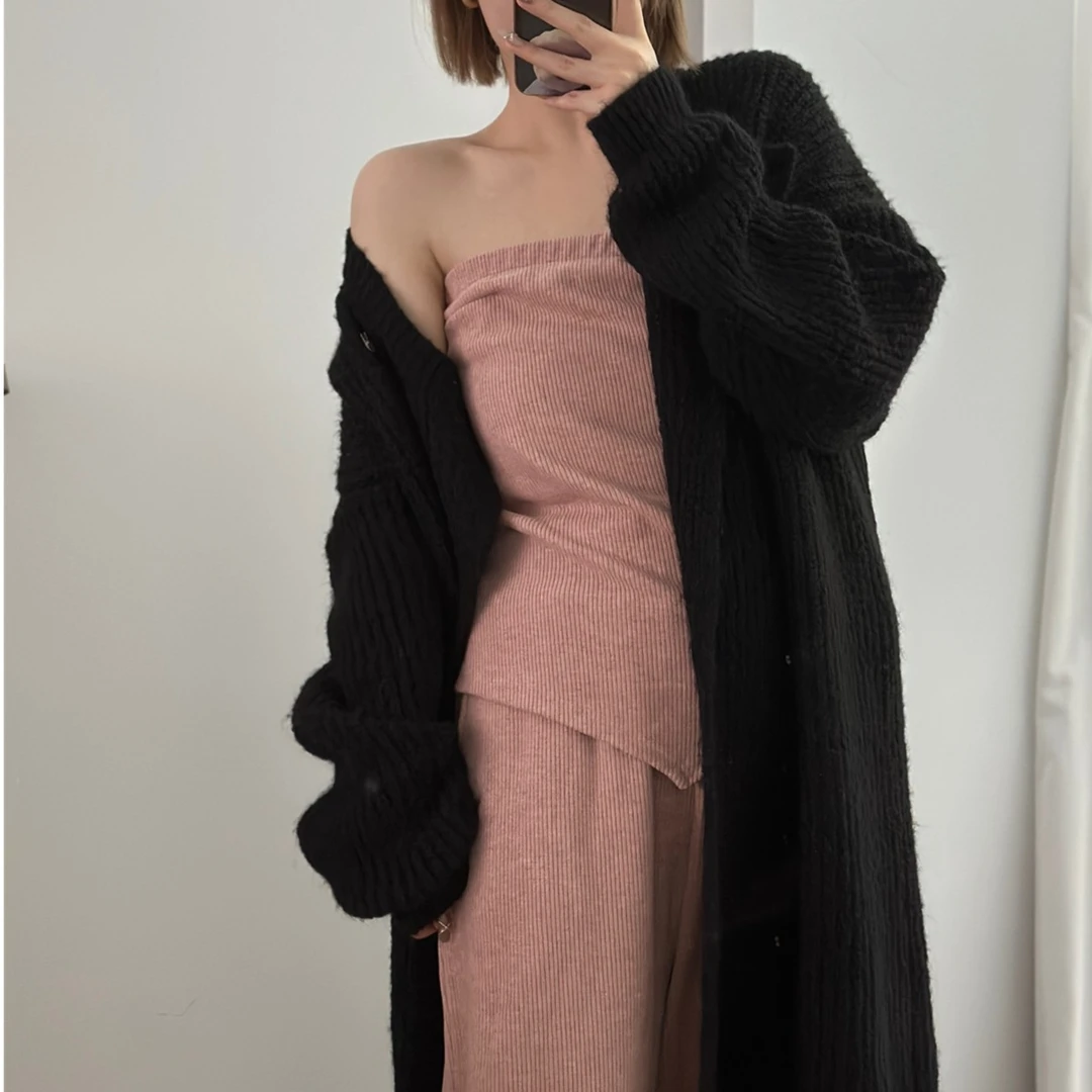 【瘦瘦】秋冬大码纯色三角抹胸针织长裤两件套宽松慵懒晚晚风S0159