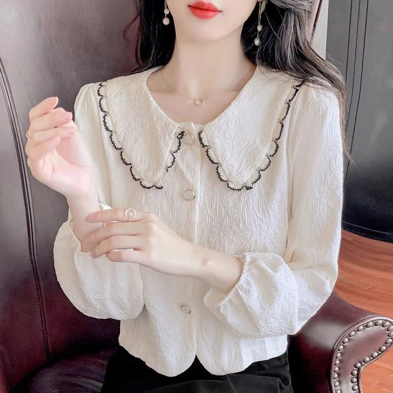 法式减龄娃娃领长袖衬衫女2025新款洋气宽松修身别致衬衣上衣