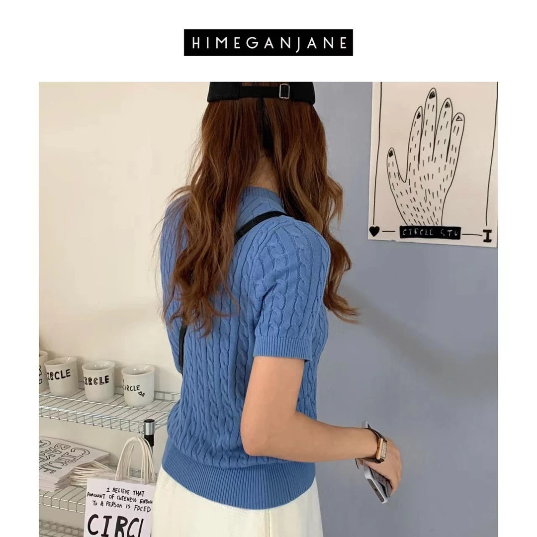HIMEGANJANE  麻花短袖针织衫 清爽亲肤显瘦休闲时尚8801