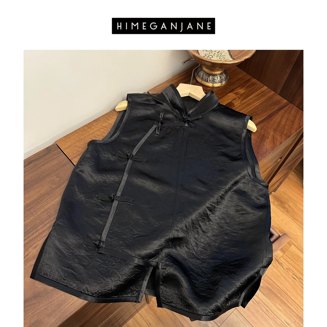 HIMAGANJANE 白姐同款三醋酸马甲 黑色褶皱缎面中式斜襟盘扣0765