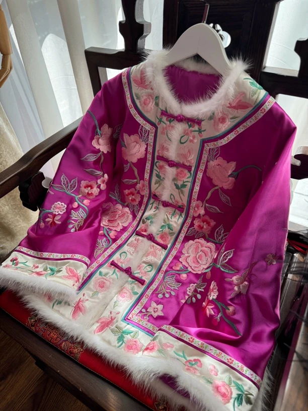 『忻忆』原创设计高端重工刺绣国风醋酸水貂毛边唐装棉服