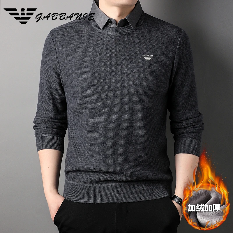 轻奢正品假两件绵羊毛衫男士衬衫领毛衣秋冬季加绒休闲针织衫T恤