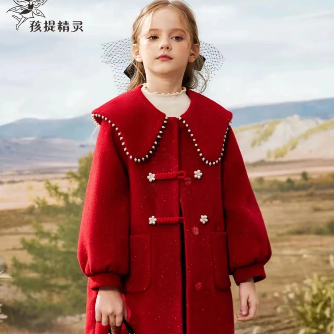 女童红色国风毛呢外套秋冬新款洋气儿童加棉D20234028