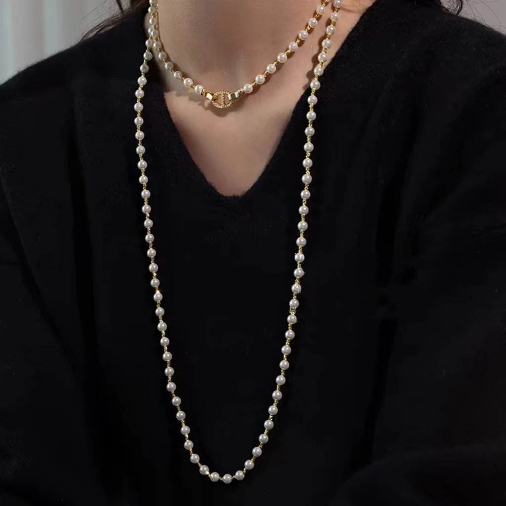 铜合金项链 双层多层叠戴长款珠珠项链妈妈款毛衣链颈链高级配饰