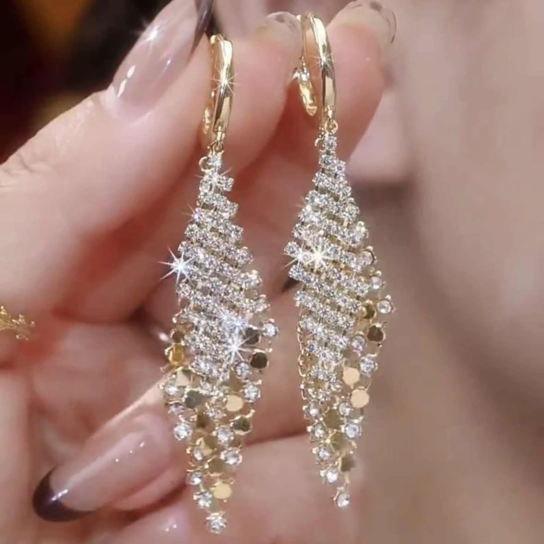 铜合金耳饰 轻奢高级感气质双层满钻几何菱形耳环时尚显脸瘦耳饰