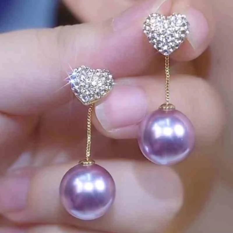 锌合金耳饰 一款两戴紫色珠珠镶钻爱心耳环秋冬新款时尚百搭耳饰