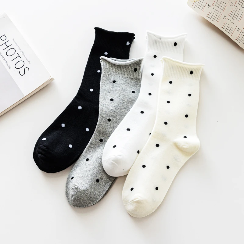 袜子女中筒袜甜美玛丽春秋季圆波点波点网眼显瘦透气卷边韩版堆堆