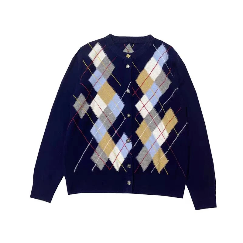 KY243欧货爆款菱形格毛衣开衫外套女圆领彩色撞色洋气开衫