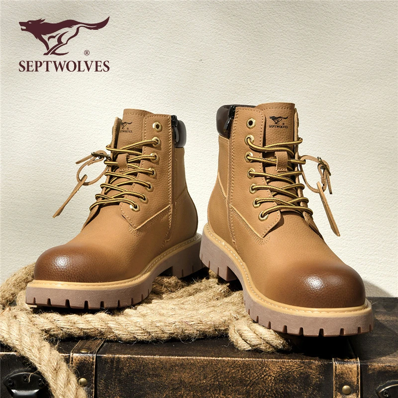 七匹狼男鞋秋季新款高帮靴子厚底增高男靴休闲保暖户外马丁靴0806