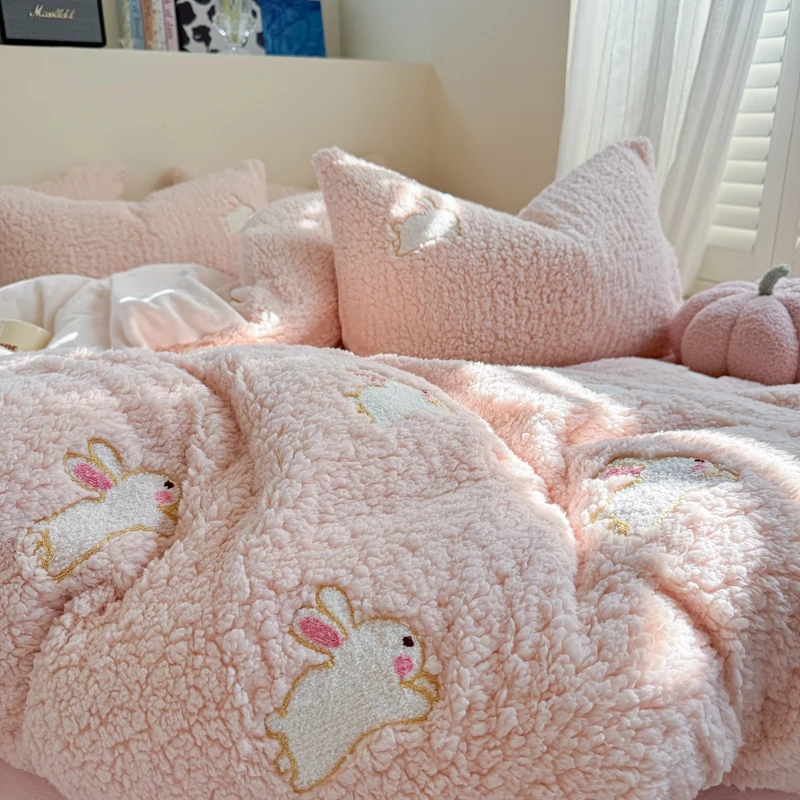 ins软乎乎少女心小兔子刺绣加厚绵羊绒牛奶绒双面加厚四件套被套4