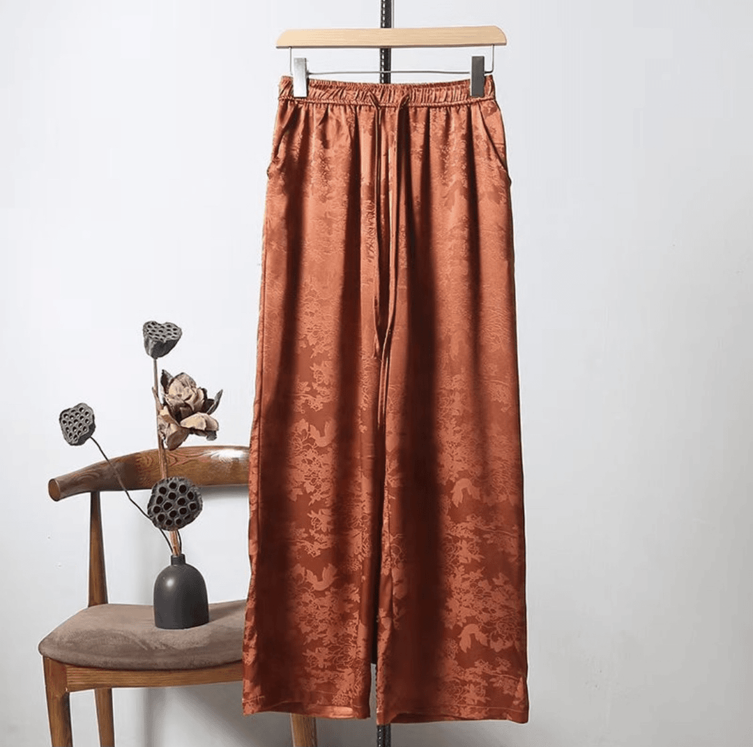 2024夏季新款丝滑飘逸中高腰提花花萝显瘦窄版直筒裤