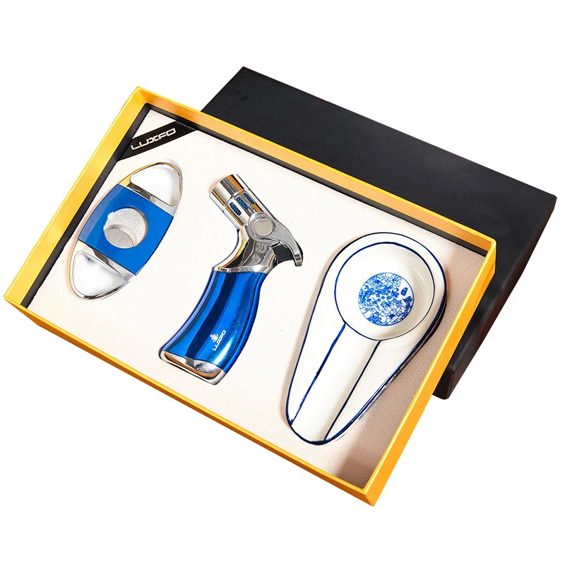 LUXFO雪茄工具套装防风直冲火机便携青花陶瓷烟灰缸雪茄剪三件套