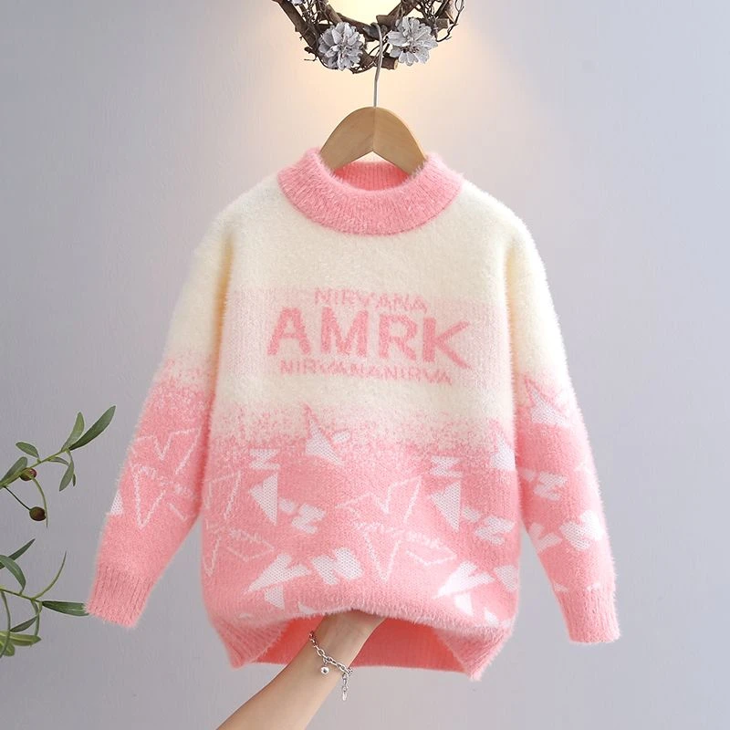 女童水貂绒毛衣秋冬款加厚保暖中大童洋气儿童圆领韩版针织打底衫