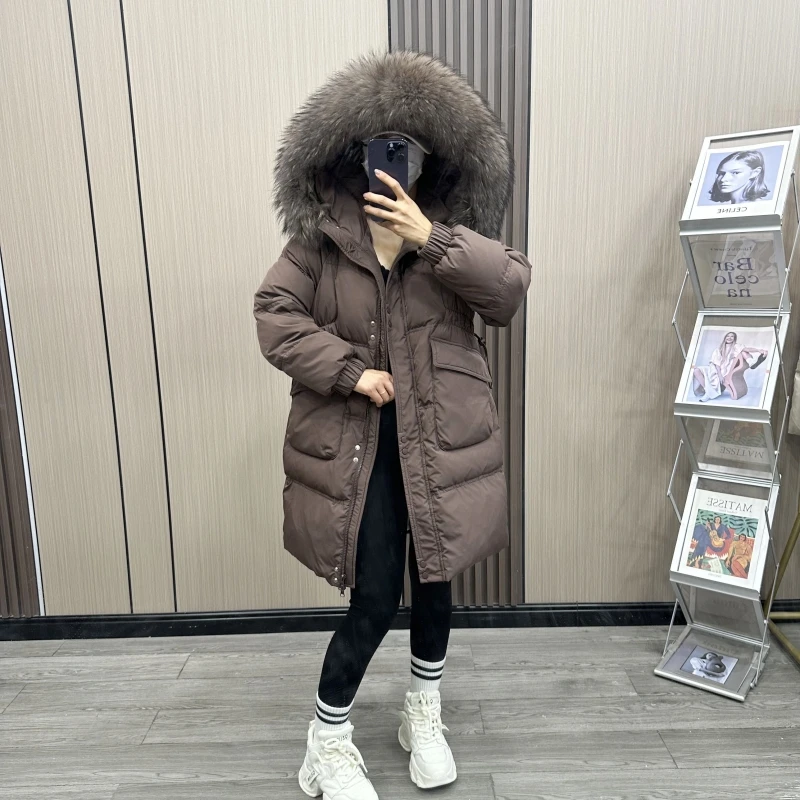 【升级版】大毛领中长款羽绒服女2024冬季新款韩版宽松时尚连帽外套
