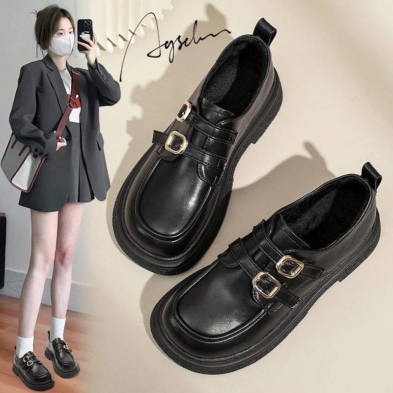 奥古狮登厚底加绒乐福鞋女2023新款秋冬英伦百搭黑色小皮鞋jk单鞋