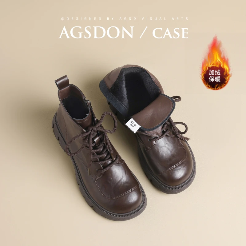 奥古狮登马丁靴女2024新款秋冬季加绒厚底皮鞋小个子英伦风短靴子