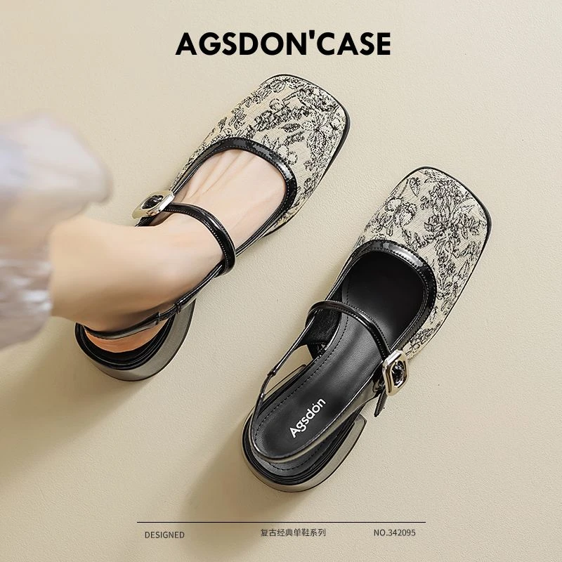 奥古狮登新中式国风包头凉鞋女2024夏季外穿粗跟方头玛丽珍单鞋女