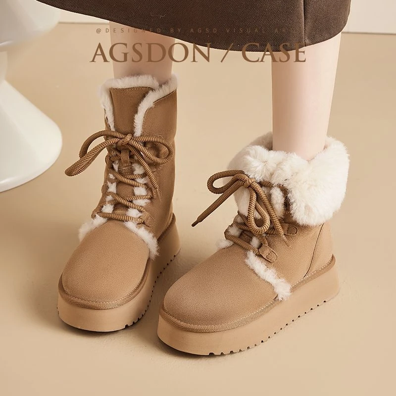 奥古狮登雪地靴女冬季新款加绒加厚短靴子户外厚底东北棉鞋AA