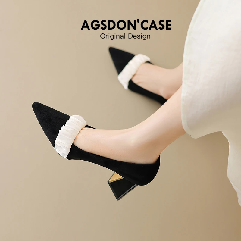 奥古狮登尖头单鞋女2024夏季粗跟浅口小香风黑色通勤玛丽珍高跟鞋