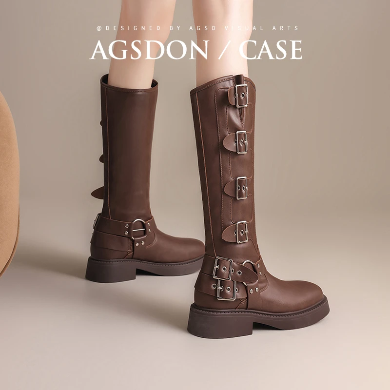奥古狮登西部牛仔靴女夏季厚底长筒骑士靴大筒围胖mm粗腿棕色长靴