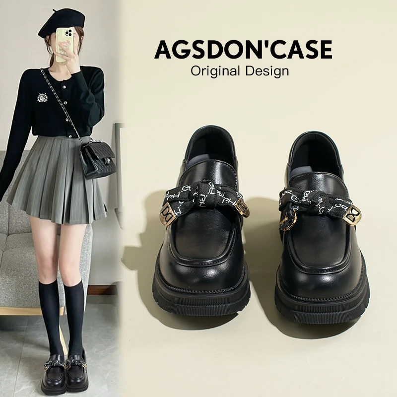 奥古狮登蝴蝶结小皮鞋女2023新款百搭jk黑色粗跟厚底乐福鞋单鞋女