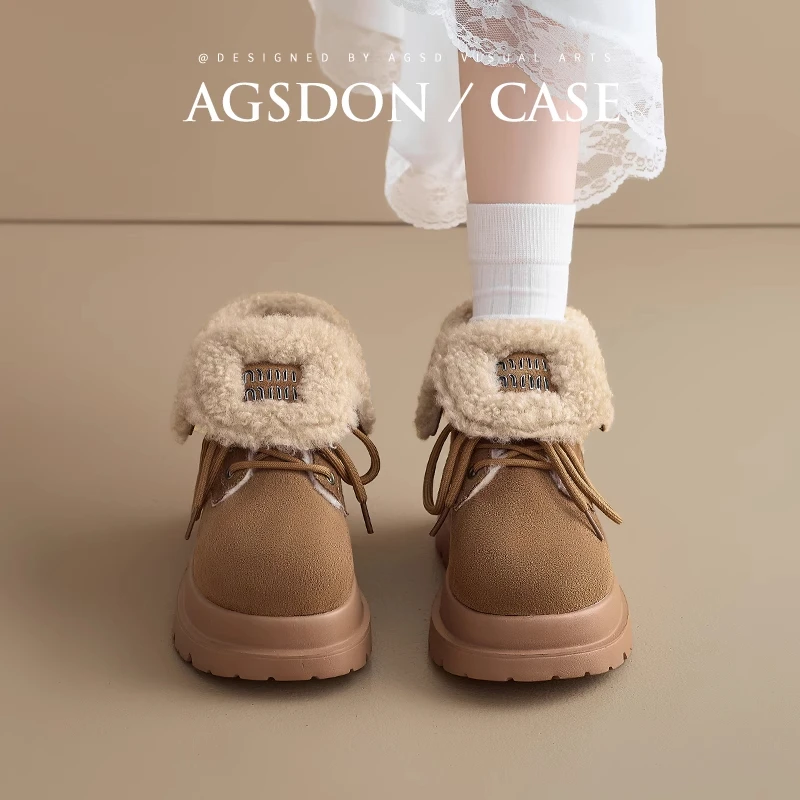 奥古狮登翻盖雪地靴女2025新款冬季厚底加绒保暖棉鞋厚底马丁短靴