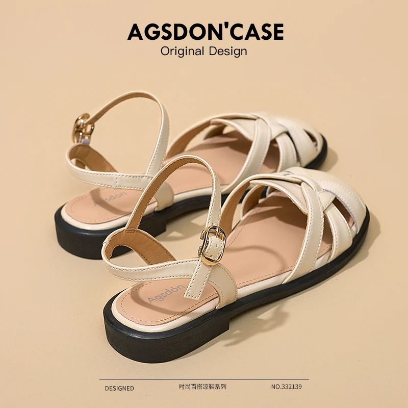 奥古狮登真皮罗马凉鞋女2024新款夏季猪笼包头编织平底女鞋配裙子