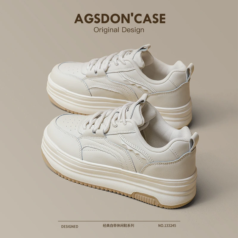 奥古狮登真皮厚底小白鞋女百搭鞋子2024新款爆款春夏软底增高板鞋