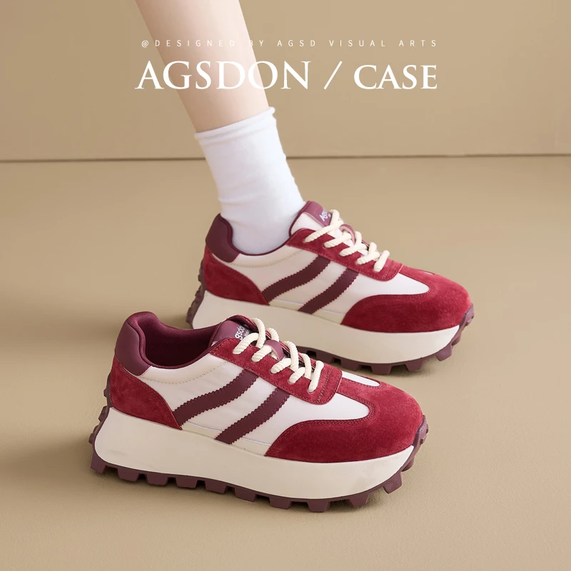 奥古狮登厚底阿甘鞋2024新款秋冬复古增高红色休闲德训运动老爹鞋