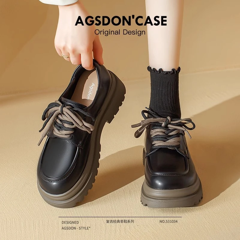 奥古狮登厚底乐福鞋女2024秋冬增高复古法式黑色英伦风小皮鞋系带