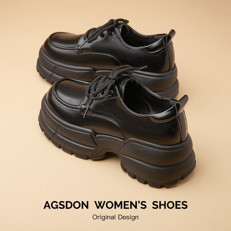 奥古狮登厚底乐福鞋女款2025春季新款松糕黑色英伦小皮鞋高跟单鞋