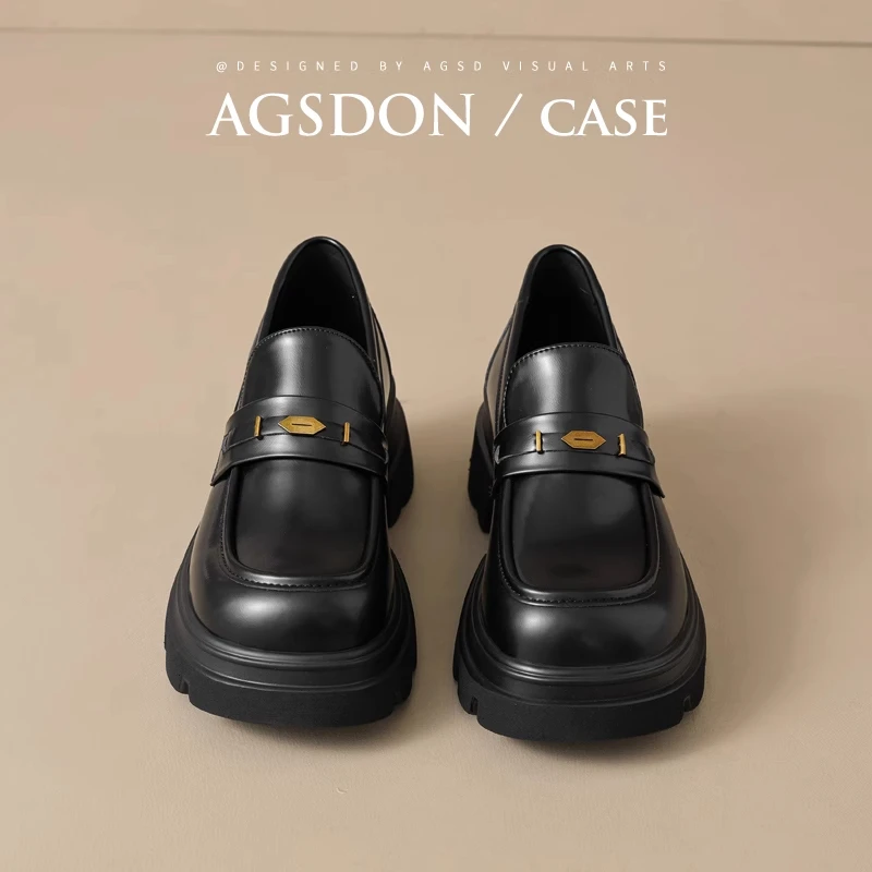 奥古狮登黑色乐福鞋女2024新款冬厚底增高一脚蹬英伦风小皮鞋高跟