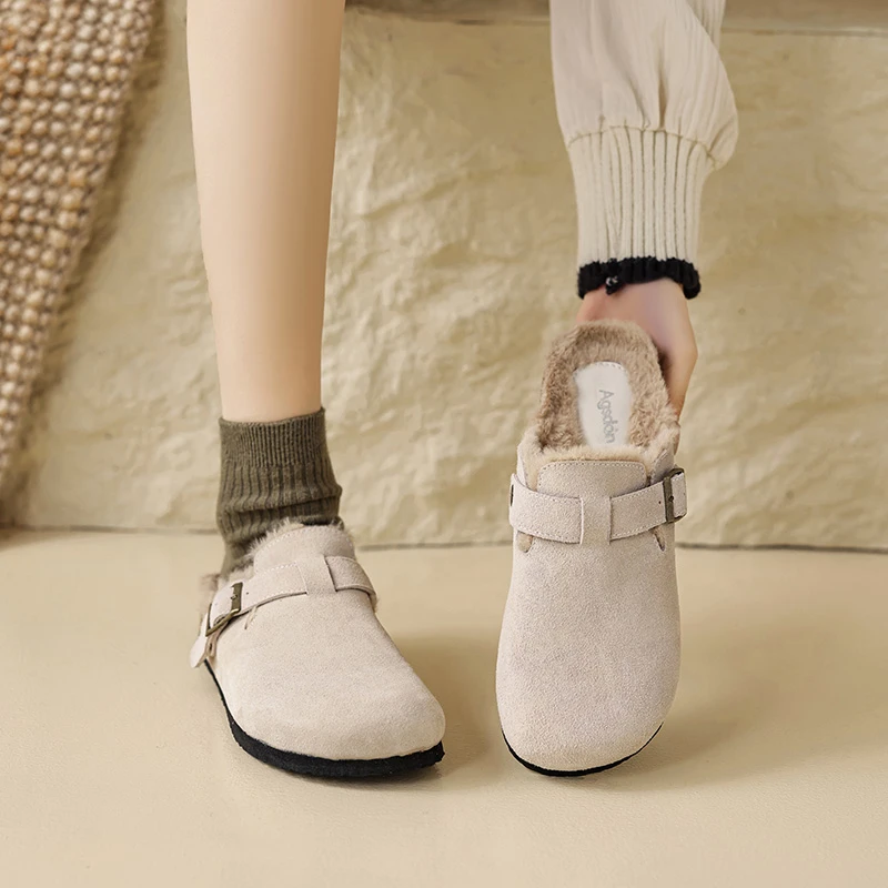 奥古狮登加绒勃肯鞋女2023新款秋冬厚底一脚蹬孕妇包头毛毛棉拖鞋