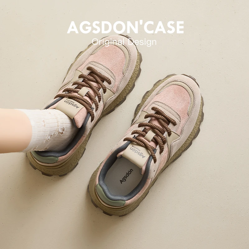 奥古狮登阿甘女鞋2024新款秋季厚底百搭复古老爹鞋粉色休闲运动鞋