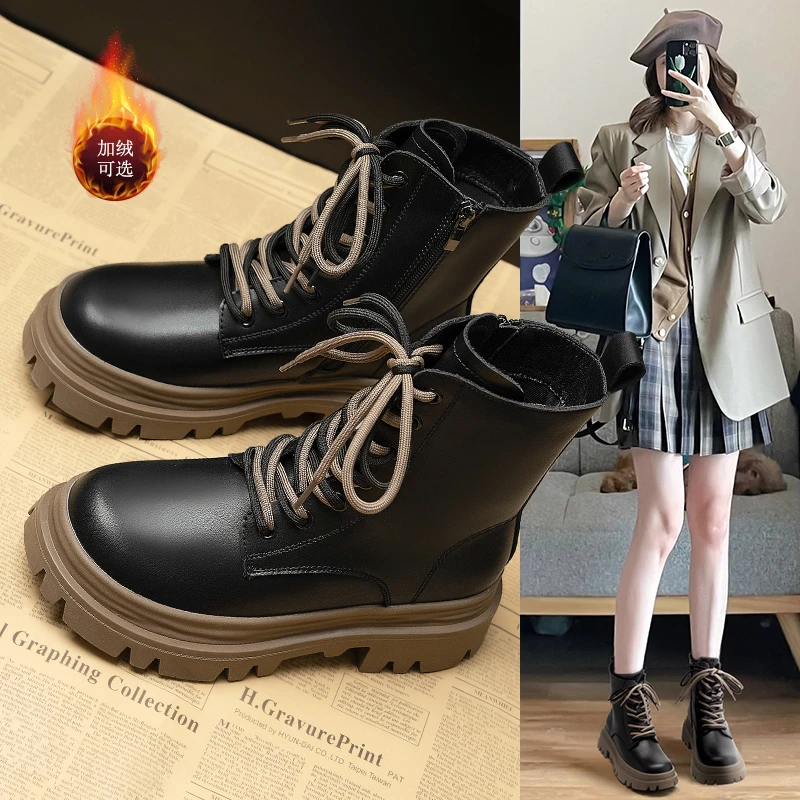 真皮加绒马丁靴女2023新款秋冬季厚底百搭英伦风工装靴子爆款短靴