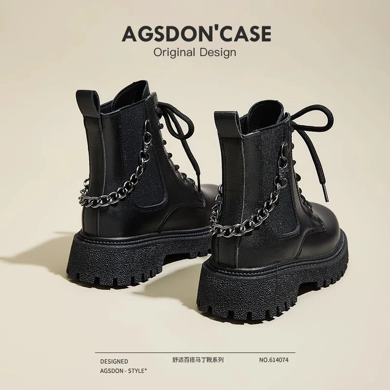 奥古狮登厚底马丁靴女款2024新款春秋单靴工装短靴增高英伦风机车