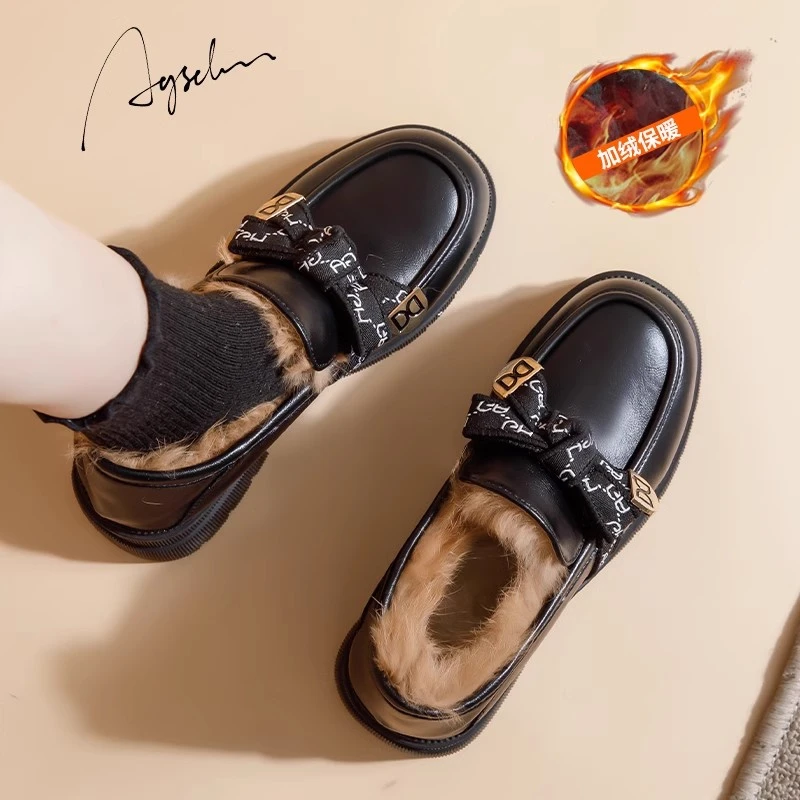 秋冬季加绒乐福鞋女2023新款黑色英伦小皮鞋一脚蹬毛毛鞋厚底棉鞋