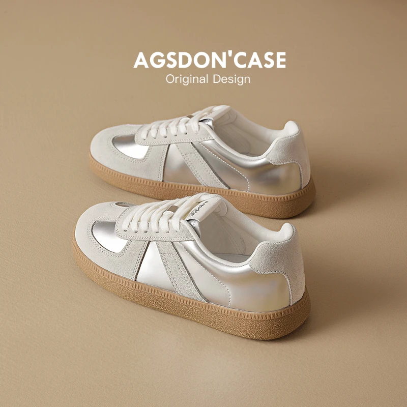 奥古狮登银色德训鞋女夏季2024新款拼色百搭配裙子板鞋休闲小白鞋