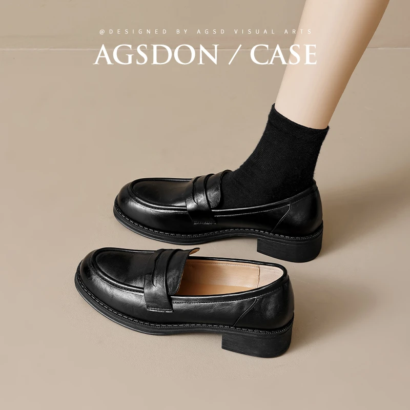 奥古狮登黑色乐福鞋女2025新款秋冬季厚底英伦风单鞋复古小皮鞋xx