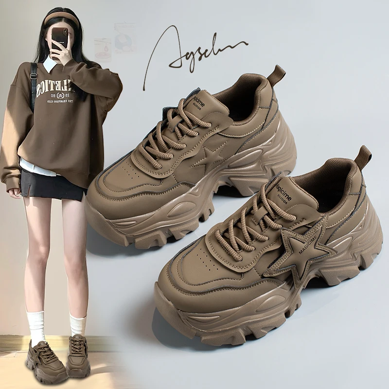 奥古狮登厚底老爹鞋女2023新款秋冬爆款真皮星星休闲增高运动鞋子