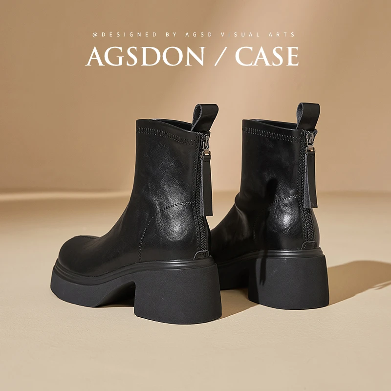 奥古狮登黑色马丁靴女款2024新款秋冬厚底增高英伦风弹力瘦瘦短靴