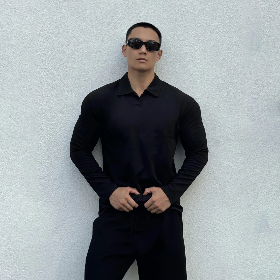 秋季长袖修身透气休闲健身T恤男男士百搭新中式亨利领运动POLO衫