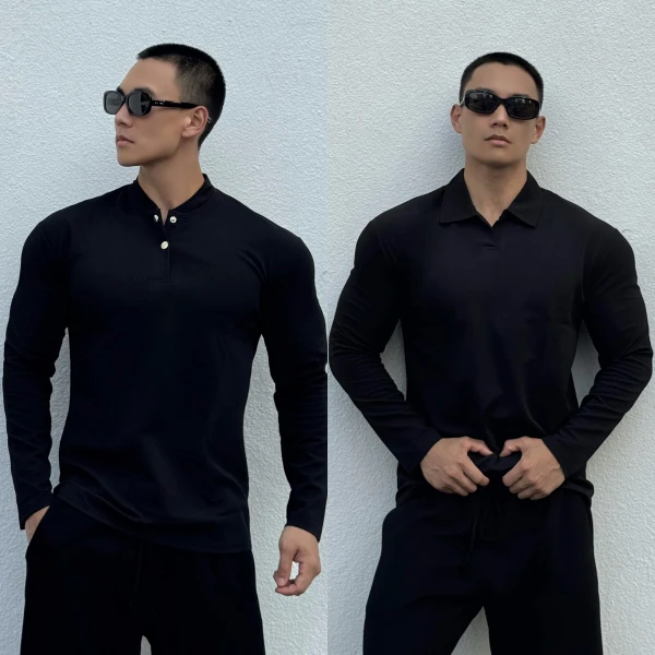 男士百搭新中式亨利领运动POLO衫长袖修身透气休闲健身健身衣服