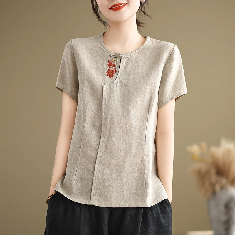 中式国风t恤复古女装夏季新款宽松棉麻短款短袖小衫