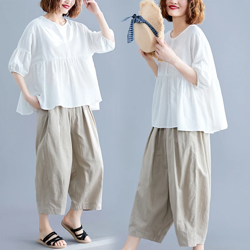 灯笼袖衬衫女式夏圆领宽松显瘦减龄棉麻蝙蝠娃娃衫