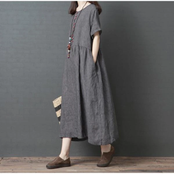 2025夏季新款大码韩版宽松短袖棉麻连衣裙女时尚遮肚显瘦中长裙女