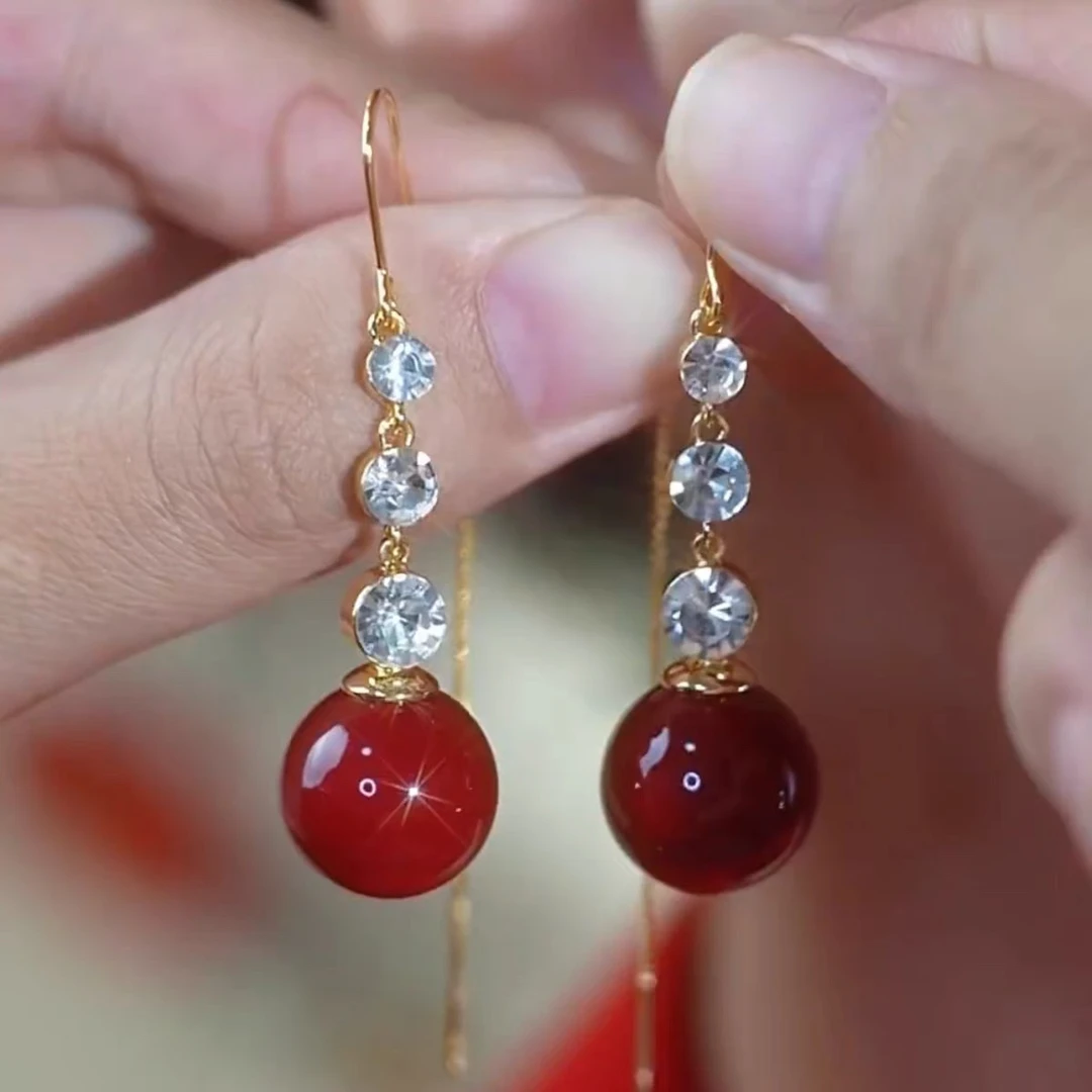 铜合金合成锆石耳饰 韩国轻奢红色珍珠耳环女设计感2024新款