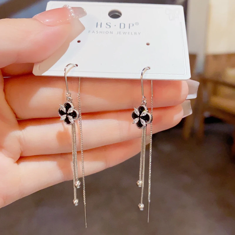 铜合金合成锆石耳饰 韩式气质时尚简约四叶花长款流苏耳线